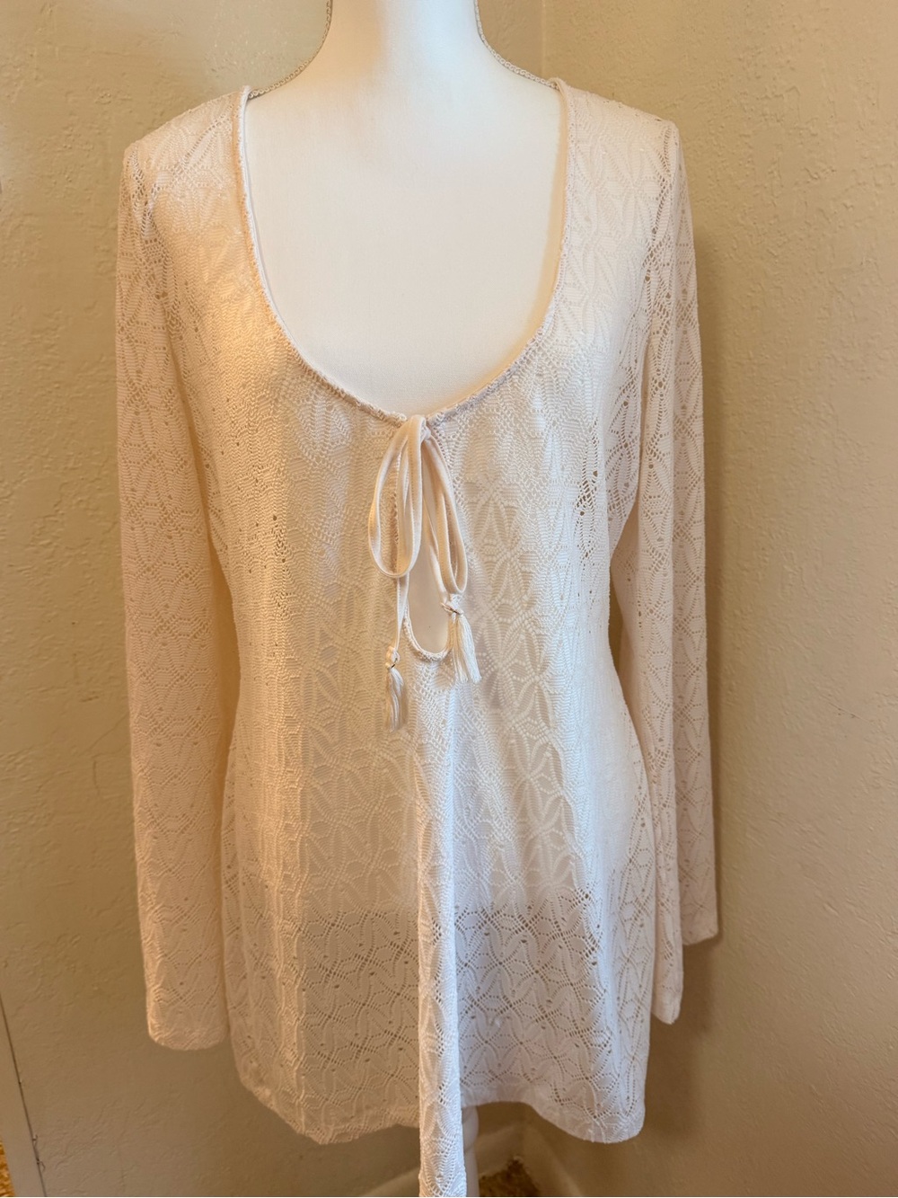 wild fable Cream Tie-Front Openwork Knit Tunic